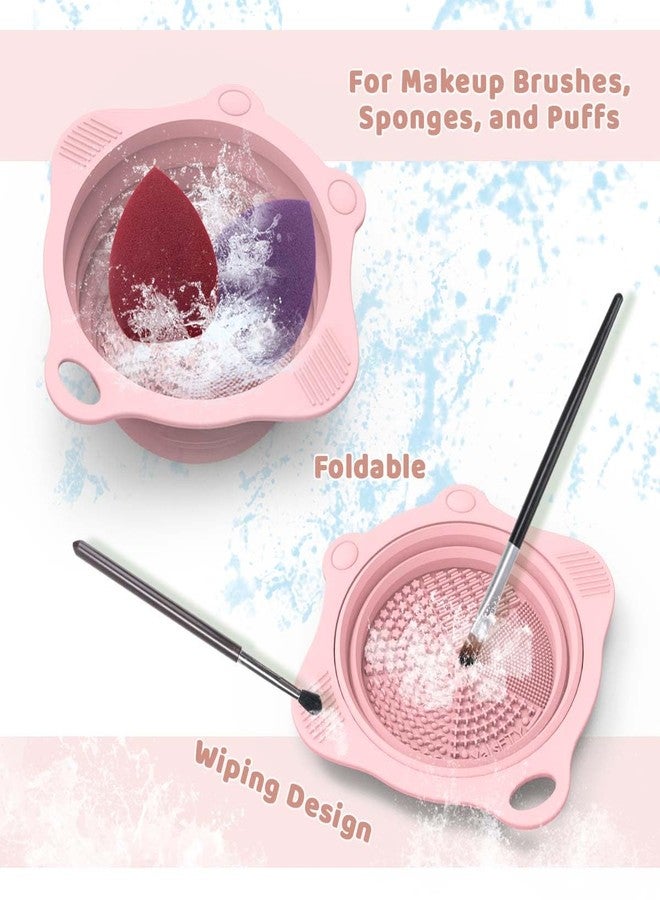 YalsFTY Foldable Silicone Makeup Brush Cleaner Pad Bowl, YalsFTY Portable Mat Scrubber Cleaning Tool for Makeup Brushes (Pink) - Image 2